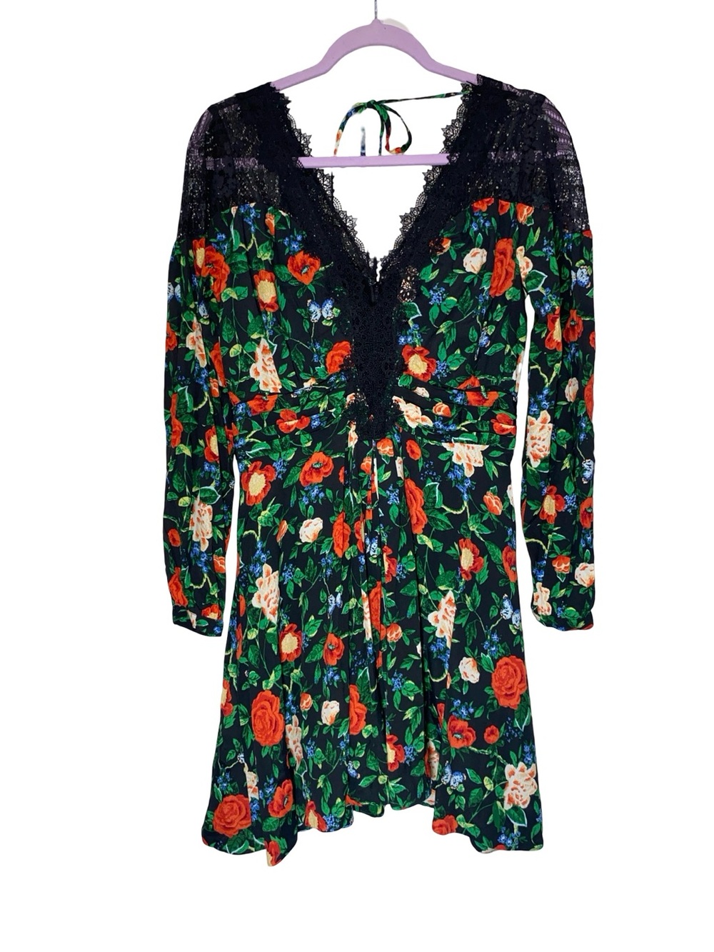 Anthropologie Lacy V-Neck Floral Mini Long Sleeve Lace Detail Boho A-Line dress - Picture 8 of 13